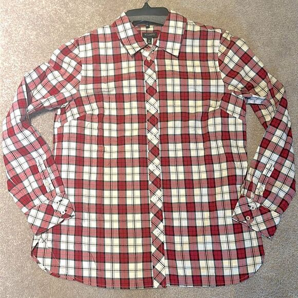 TALBOTS Classic Cotton Shirt Shimmer Plaid Top - Picture 2 of 14